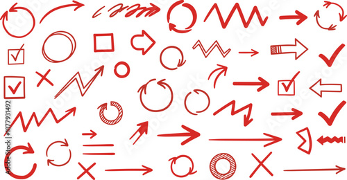 illustration of red hand-drawn arrows, check marks, and symbols for annotation, correction, and instructional design
