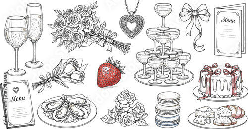 vector illustration of romantic celebration icons including champagne, bouquet, gifts, desserts, and heart jewelry for wedding design