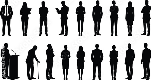 Professional figure icon set, black silhouette illustrations, diverse workplace poses and attire, business theme, vector graphics, career personas