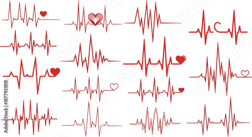 vector illustration of sixteen red heartbeat line designs with heart symbols, representing love, vitality, health, and emotional connection in medical and romantic contexts