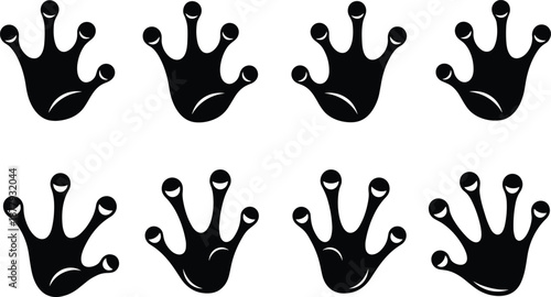 Black frog footprint silhouettes, amphibian paw prints, wildlife track icons, minimal vector illustration, nature symbols, animal trail collection