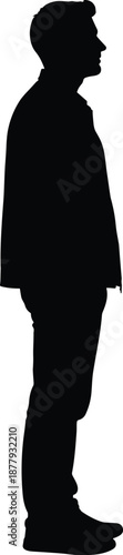Side profile icon, black silhouette of standing figure, jacket and pants, identity theme, vector graphics, posture design