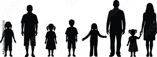 Black silhouette family group of seven standing together representing multigenerational unity diversity and parental support in minimalist vector style