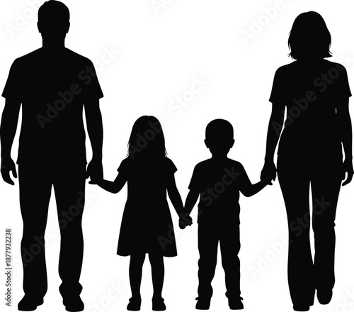 Silhouette family holding hands vector illustration of parents and two children standing together symbolizing unity, togetherness, and parental protection