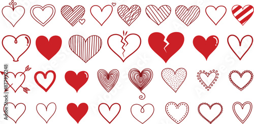 Collection of hand-drawn and solid red heart shapes, ideal for expressing love and romance, perfect for Valentine's Day, anniversaries, and romantic themed designs