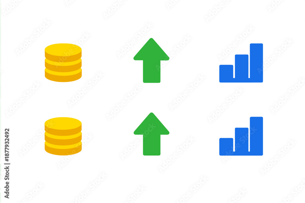 Obraz premium Abstract Icons: Coins, Up Arrows, and Bar Graphs with Glowing Aura