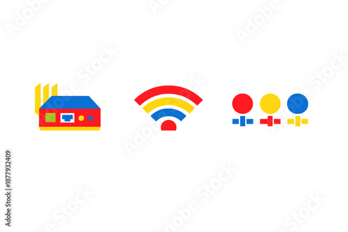 Abstract glowing icons for home, WiFi, and gender symbols