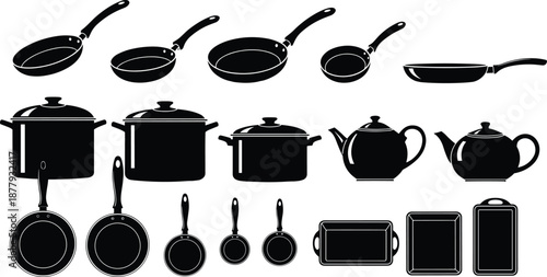 Black kitchen cookware silhouettes, frying pans, pots, teapots, baking trays, minimal vector illustration, cooking equipment, restaurant utensil collection
