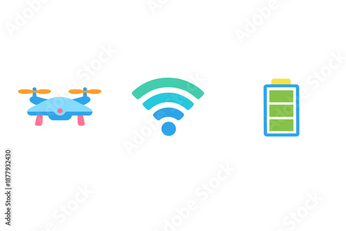 Drone, Wi-Fi, and Battery Icons with Glowing Neon Effect
