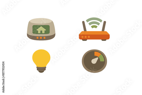 Smart home technology icons: router, thermostat, lightbulb, gauge