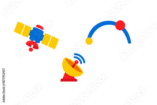 Abstract technology icons: satellite, satellite dish, and data