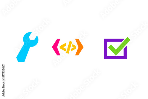 Glowing code symbols and a checkmark with a vibrant glow