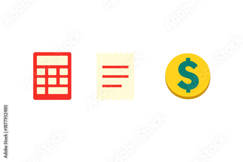 Financial icons: calculator, receipt, and dollar coin