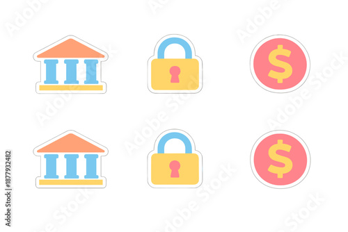 Set of finance and security icons: bank, lock, dollar coin