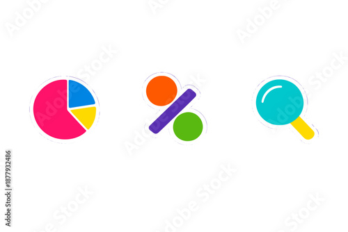 Colorful icons: pie chart, percentage, and magnifying glass