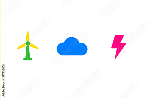 Energy icons: wind turbine, cloud, and lightning bolt