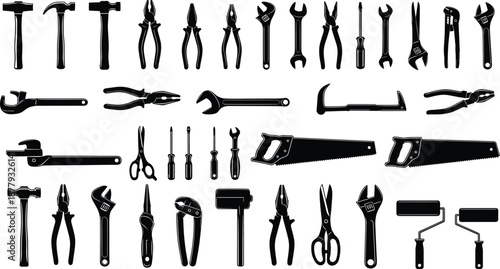 Black tool silhouette icons, hammer, wrench, pliers, screwdriver, saw, repair equipment, minimal vector illustration, construction and workshop tools set
