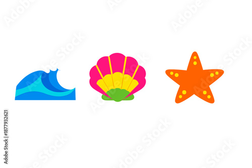 Ocean themed icons: wave, shell, and starfish with glowing effect