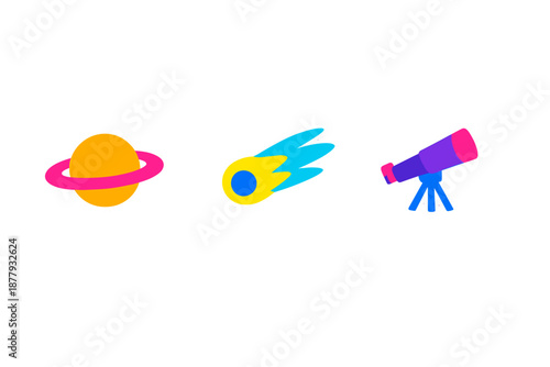 Space themed icons: planet, comet and telescope