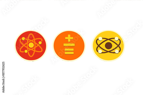 Three science and math icons on a textured background
