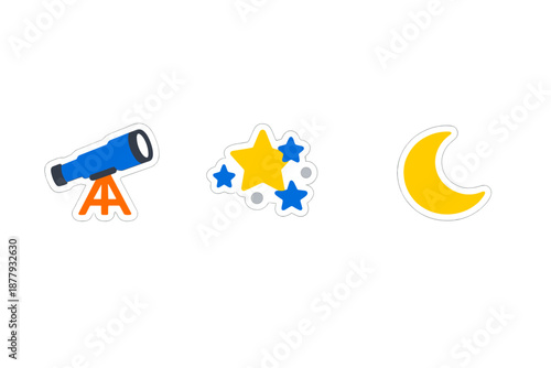 Telescope, Stars and Moon icons with glowing outline