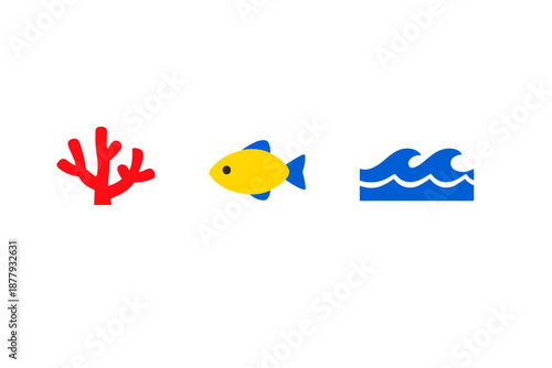 Underwater scene with coral, fish, and waves icons
