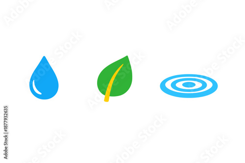 Three glowing icons: water drop, leaf, and ripples