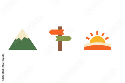Mountain, crossroads and sunrise icons in a gradient background