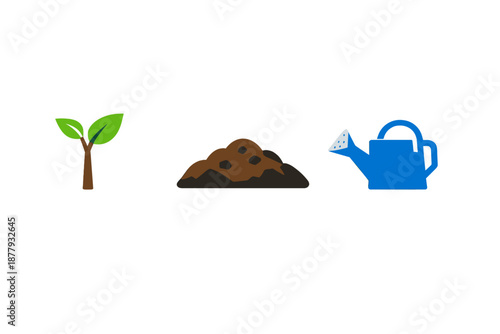 Plant growth stages with watering can and soil