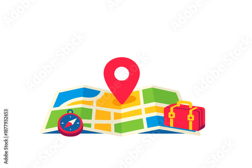 Travel concept with map, compass and suitcase