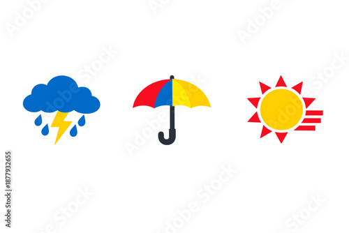 Weather Icons: Rain, Umbrella, and Sun on a Gray Background