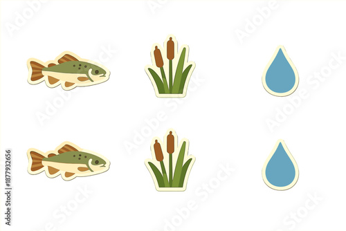 Cartoon fish, cattails, and water drop icons on a grey background