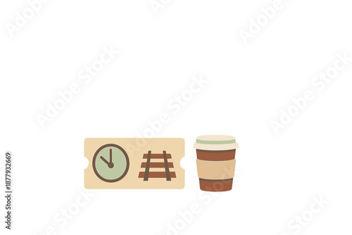 Clock and train tracks symbol next to coffee cup, commute concept