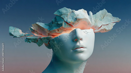 Artistic 3D portrait of a surreal human face with abstract floating fragments, symbolizing identity, emotions, and inner thoughts. Suitable for psychology, art, and modern design concepts.
