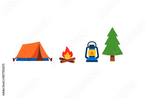 Camping scene with tent, campfire, lantern and tree