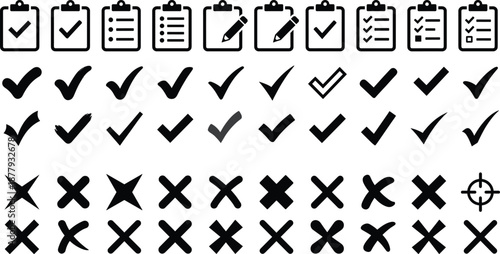 Task and status icon set, black and white vector illustrations, clipboard, check mark, X mark, UI graphics