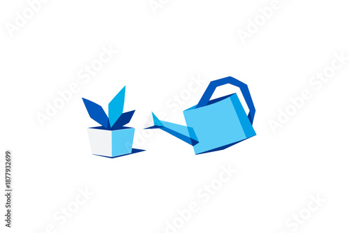 Stylized plant and watering can with glowing blue accents