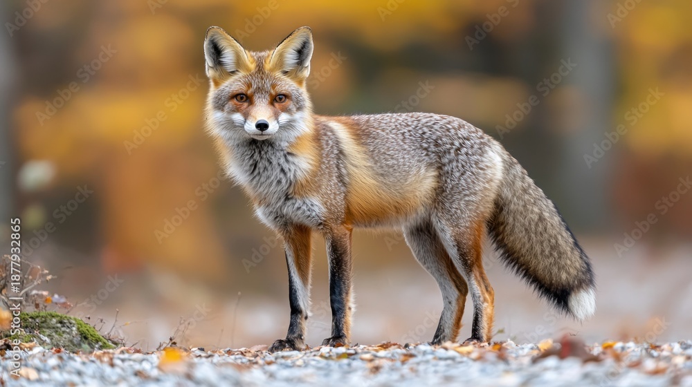Fototapeta premium Alert red fox stands amidst blurred autumnal foliage, watchful eyes forward