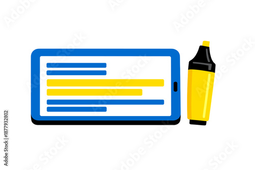 Tablet screen with a yellow highlighter and digital text