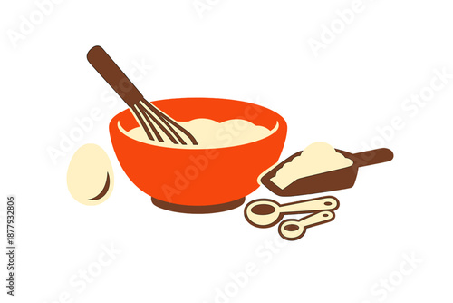 Baking ingredients: egg, flour, whisk and bowl