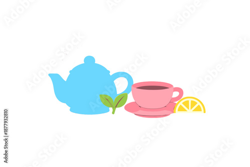 Stylized teapot, cup of tea, and lemon slice with steam