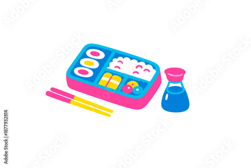 Bento box with sushi, rice, and chopsticks with neon glow