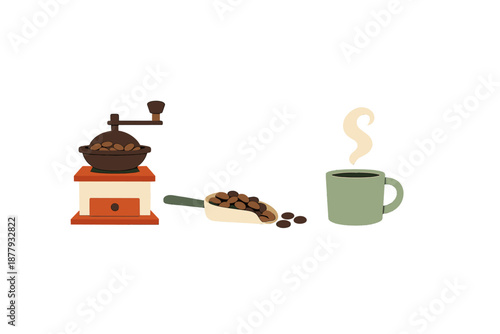 Coffee grinder, scoop of beans and steaming cup of coffee