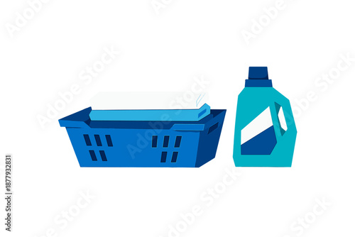 Laundry basket with clean folded clothes and detergent bottle