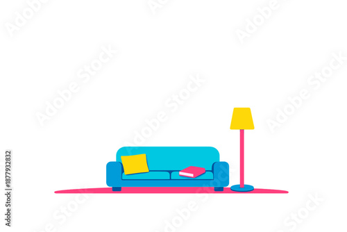 Minimalist living room with blue sofa, yellow pillow and lamp