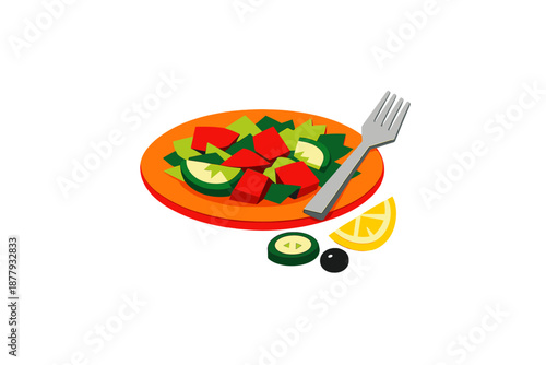 Papercraft salad with fork, lemon and olive on a plate