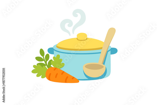 Cartoon pot of soup with carrot and ladle