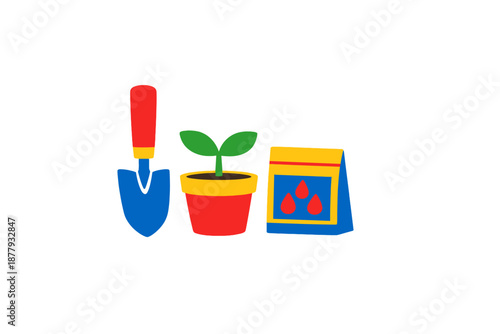 Gardening tools, plant pot, and seed packet icons with neon glow