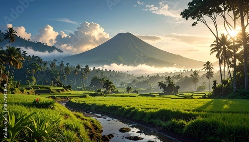 Serene Bali Landscape - Mount Agung and Rice Terraces.