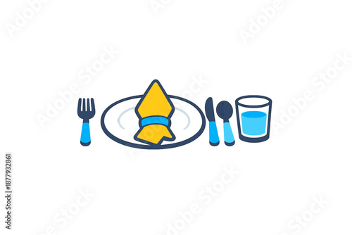 Table setting with plate, napkin, cutlery, and glass